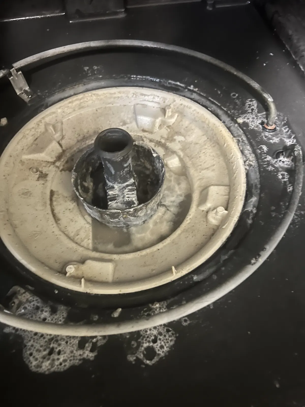 Dishwasher drain sump close-up during repair